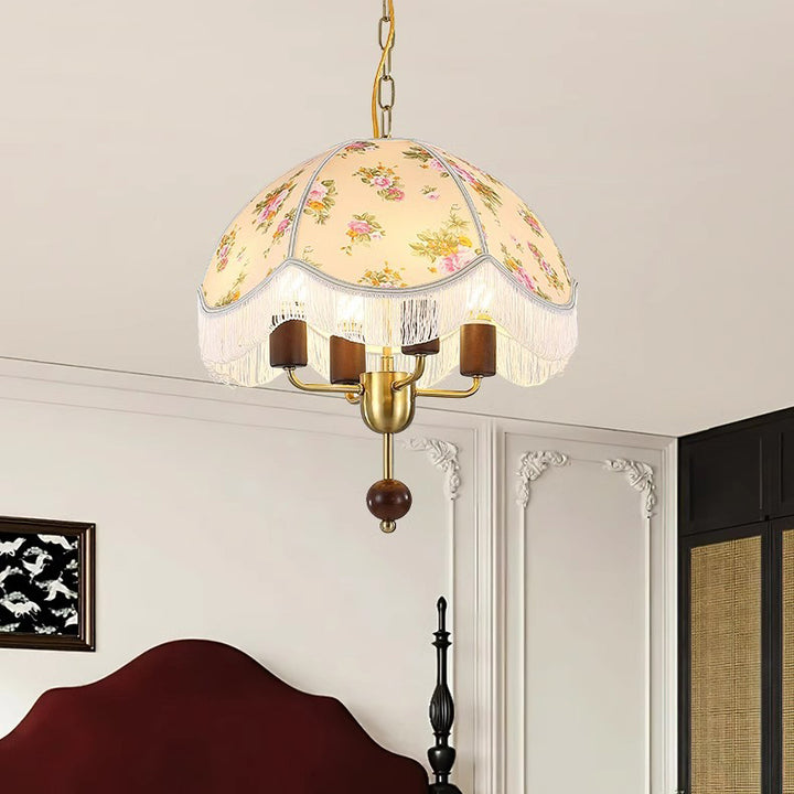 Dôme traditionnel français en tissu et fer avec bois massif, suspension à 4 lumières pour chambre 