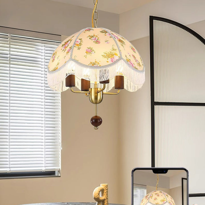 Dôme traditionnel français en tissu et fer avec bois massif, suspension à 4 lumières pour chambre 