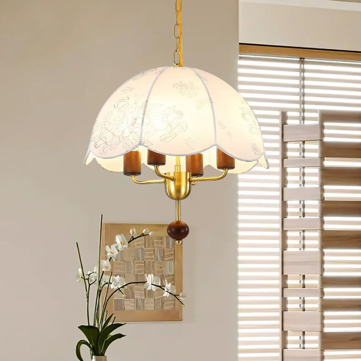 Dôme traditionnel français en tissu et fer avec bois massif, suspension à 4 lumières pour chambre 