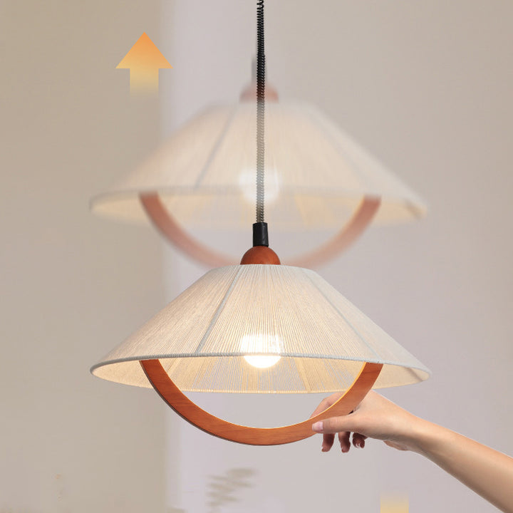 Traditional Vintage Cone Rubberwood Fabric 1-Light Pendant Light For Living Room