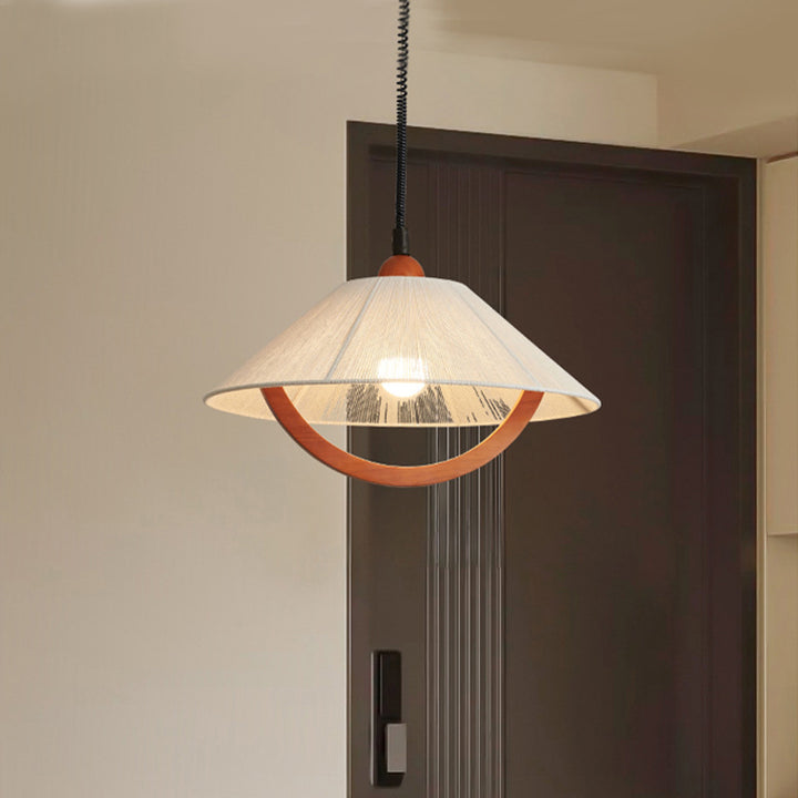 Traditional Vintage Cone Rubberwood Fabric 1-Light Pendant Light For Living Room