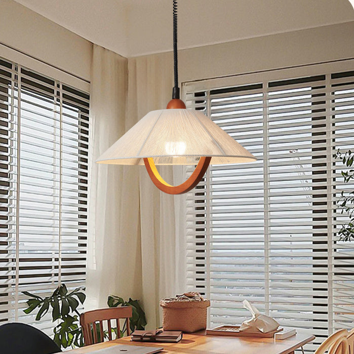 Traditional Vintage Cone Rubberwood Fabric 1-Light Pendant Light For Living Room