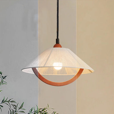 Traditional Vintage Cone Rubberwood Fabric 1-Light Pendant Light For Living Room