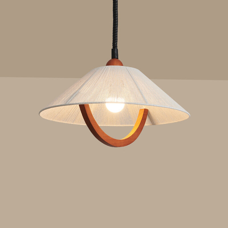 Traditional Vintage Cone Rubberwood Fabric 1-Light Pendant Light For Living Room