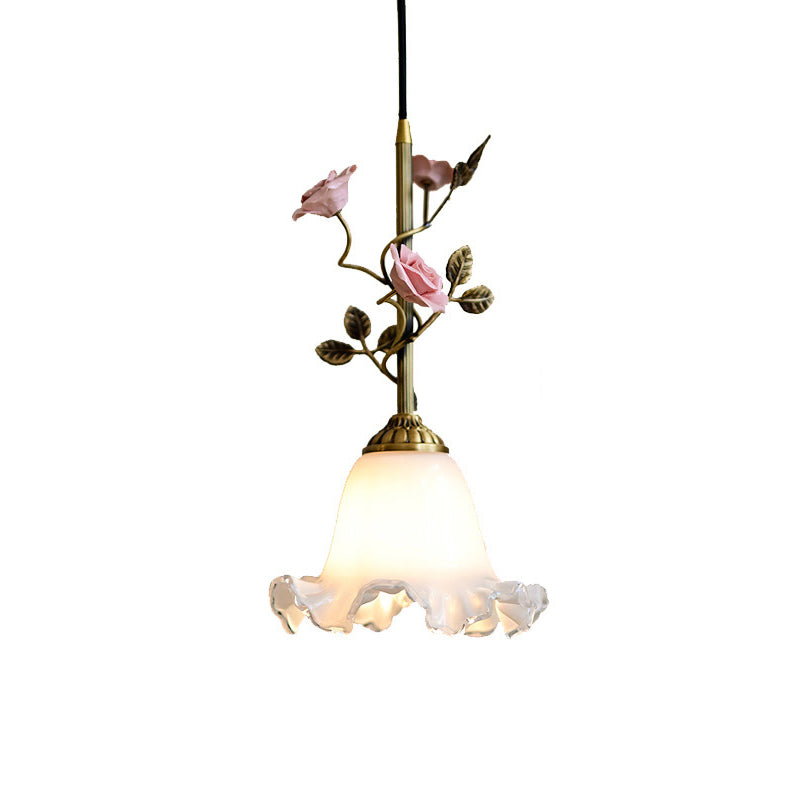 Lustre Suspendu à 1 Lumière en Laiton Céramique Verre Fleur Traditionnelle Française pour Chambre 