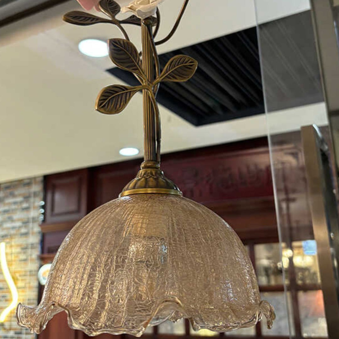 Lustre Suspendu à 1 Lumière en Laiton Céramique Verre Fleur Traditionnelle Française pour Chambre 
