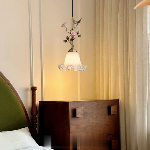 Lustre Suspendu à 1 Lumière en Laiton Céramique Verre Fleur Traditionnelle Française pour Chambre 
