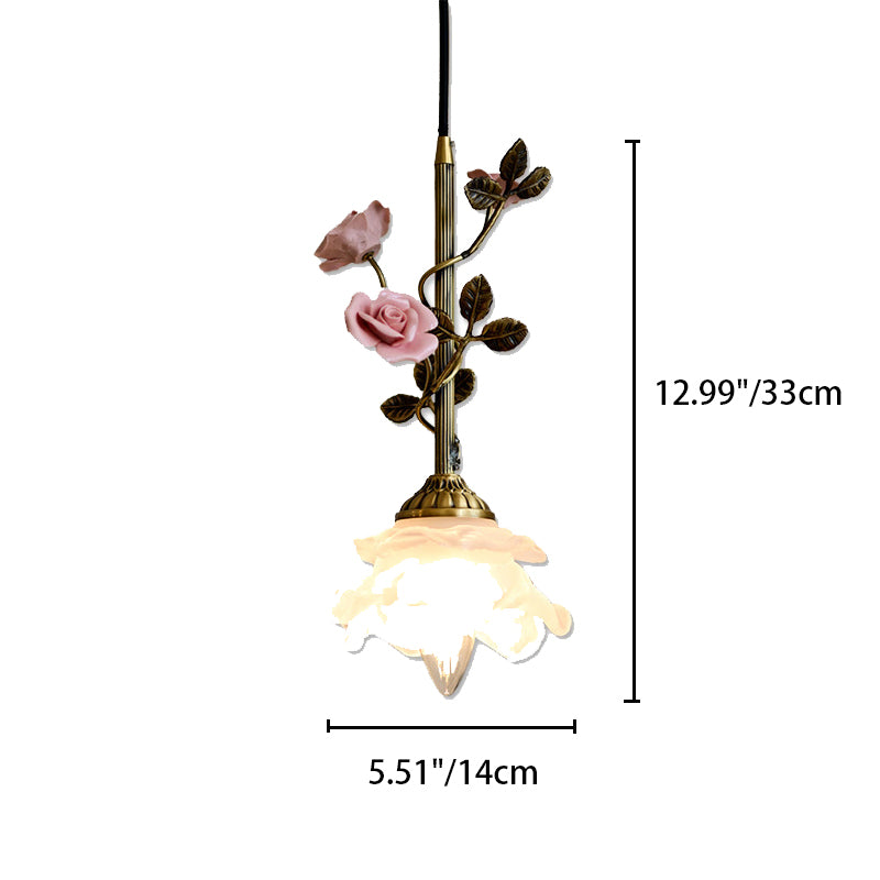 Lustre Suspendu à 1 Lumière en Laiton Céramique Verre Fleur Traditionnelle Française pour Chambre 