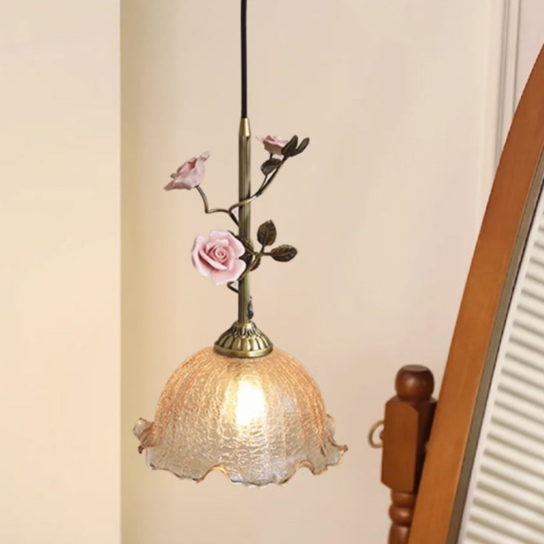 Lustre Suspendu à 1 Lumière en Laiton Céramique Verre Fleur Traditionnelle Française pour Chambre 