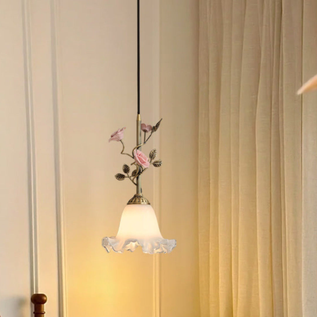 Lustre Suspendu à 1 Lumière en Laiton Céramique Verre Fleur Traditionnelle Française pour Chambre 