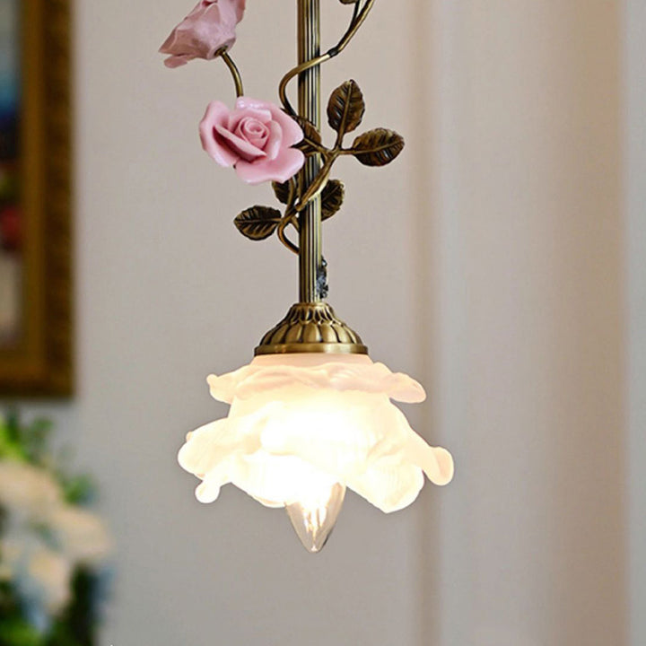 Lustre Suspendu à 1 Lumière en Laiton Céramique Verre Fleur Traditionnelle Française pour Chambre 