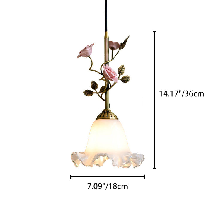 Lustre Suspendu à 1 Lumière en Laiton Céramique Verre Fleur Traditionnelle Française pour Chambre 