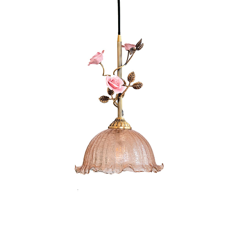 Lustre Suspendu à 1 Lumière en Laiton Céramique Verre Fleur Traditionnelle Française pour Chambre 