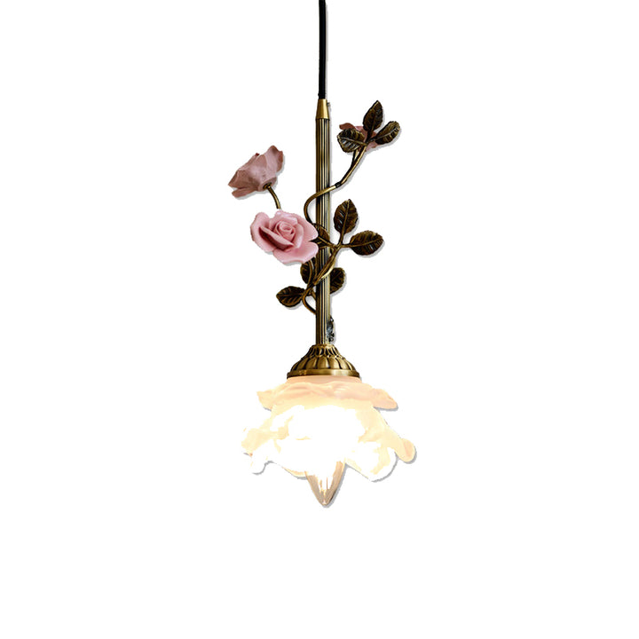 Lustre Suspendu à 1 Lumière en Laiton Céramique Verre Fleur Traditionnelle Française pour Chambre 