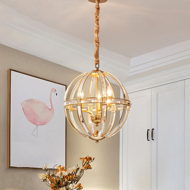 Suspension Luminaire à 3 Lumières en Cristal et Fer Sphérique Moderne pour Salon 