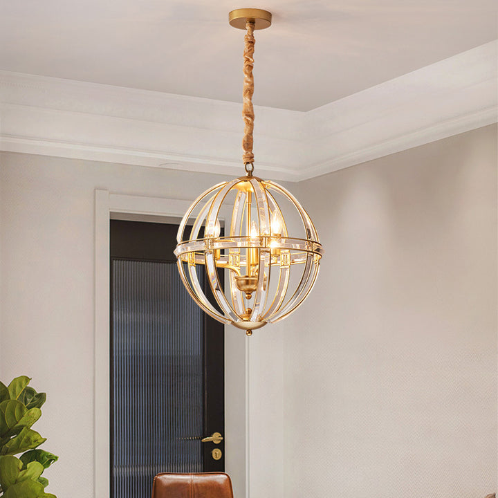 Suspension Luminaire à 3 Lumières en Cristal et Fer Sphérique Moderne pour Salon 