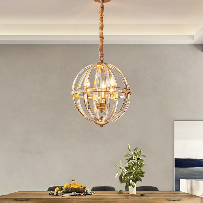 Suspension Luminaire à 3 Lumières en Cristal et Fer Sphérique Moderne pour Salon 