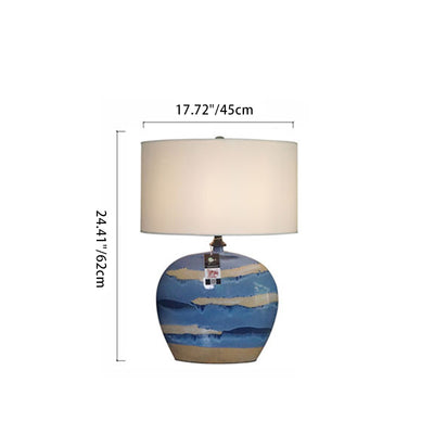 Traditionelle chinesische Zylinder Keramik Metall Stoff 1-Licht Tischlampe für Schlafzimmer 
