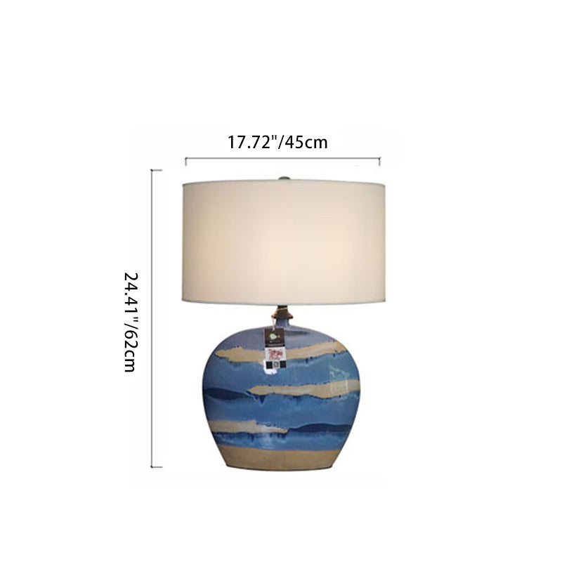 Traditionelle chinesische Zylinder Keramik Metall Stoff 1-Licht Tischlampe für Schlafzimmer 