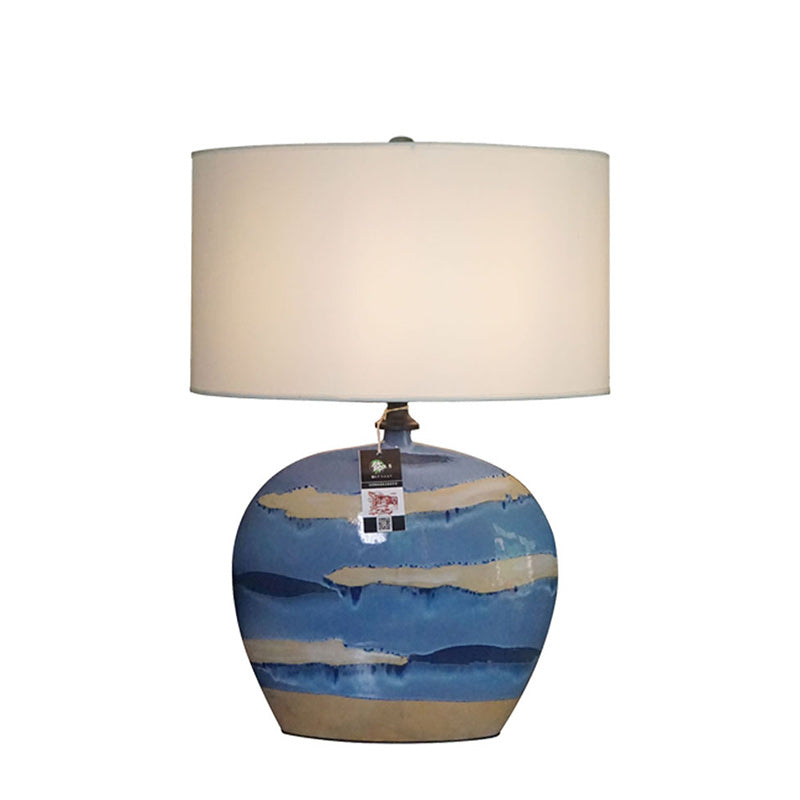 Traditionelle chinesische Zylinder Keramik Metall Stoff 1-Licht Tischlampe für Schlafzimmer 