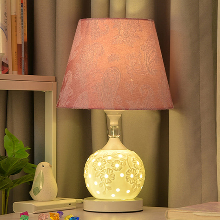 Lámpara de Mesa de 1 Luz de Tela Cerámica Esférica Vintage Tradicional para Dormitorio 