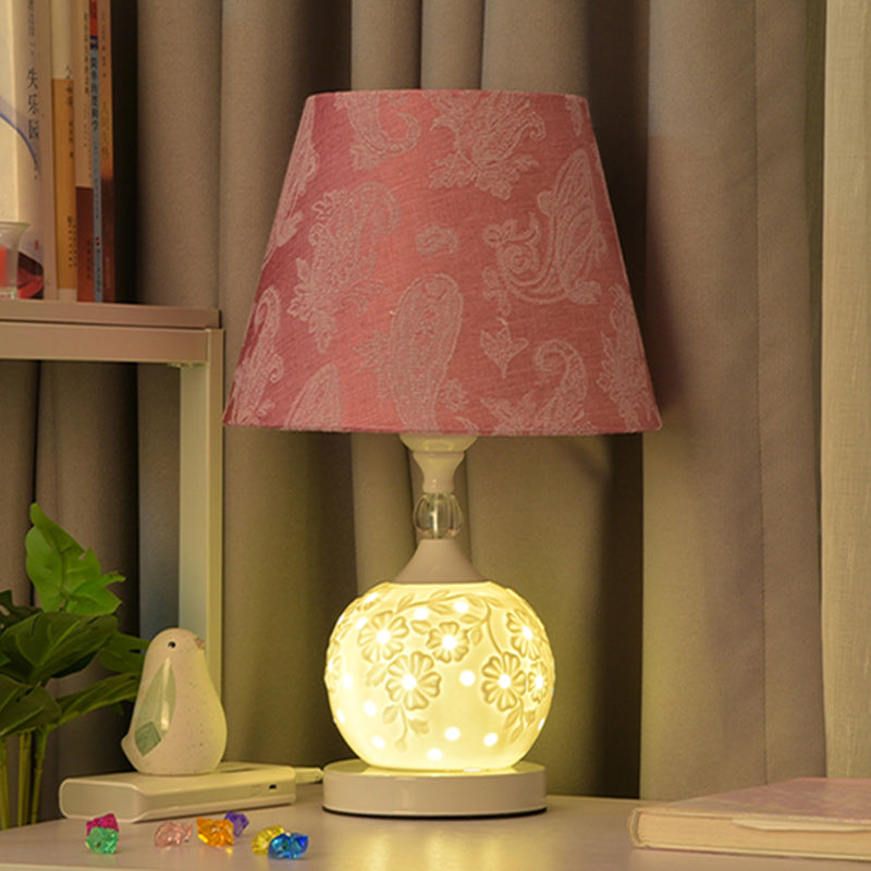 Lámpara de Mesa de 1 Luz de Tela Cerámica Esférica Vintage Tradicional para Dormitorio 