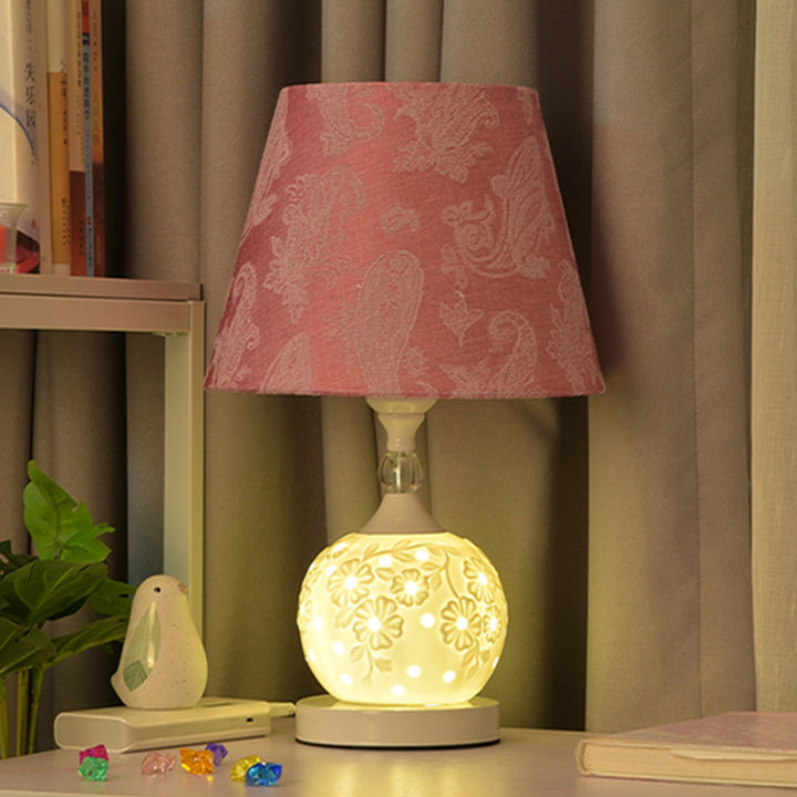 Lámpara de Mesa de 1 Luz de Tela Cerámica Esférica Vintage Tradicional para Dormitorio 