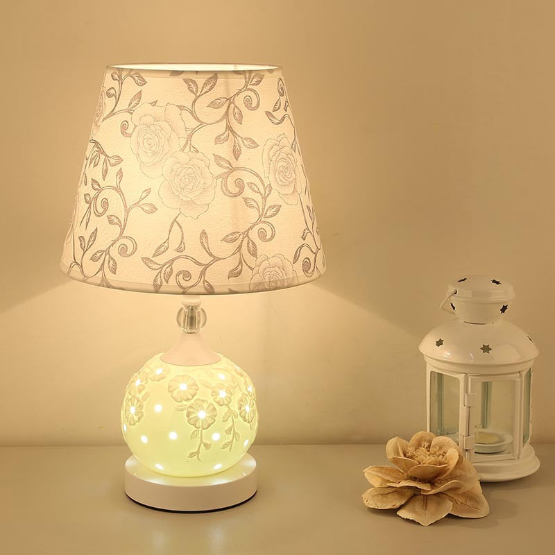 Lámpara de Mesa de 1 Luz de Tela Cerámica Esférica Vintage Tradicional para Dormitorio 