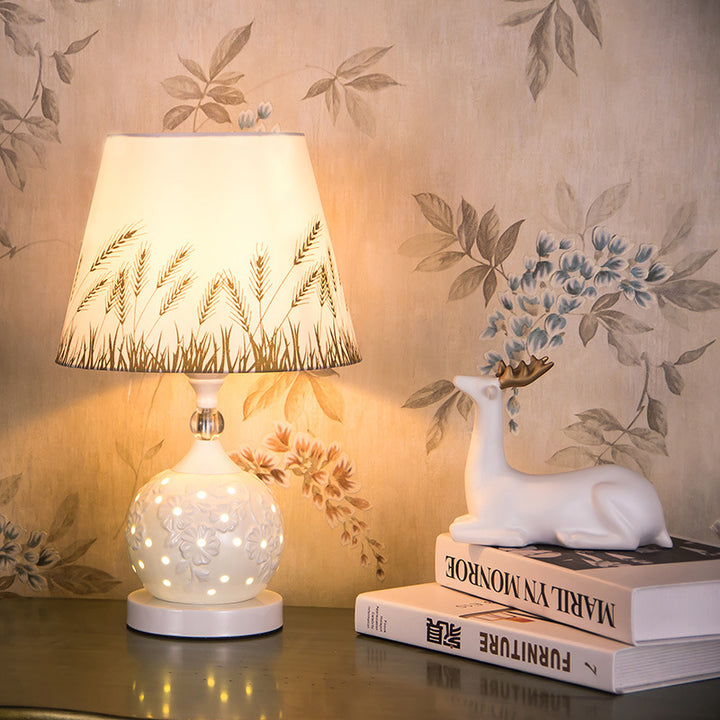 Lámpara de Mesa de 1 Luz de Tela Cerámica Esférica Vintage Tradicional para Dormitorio 