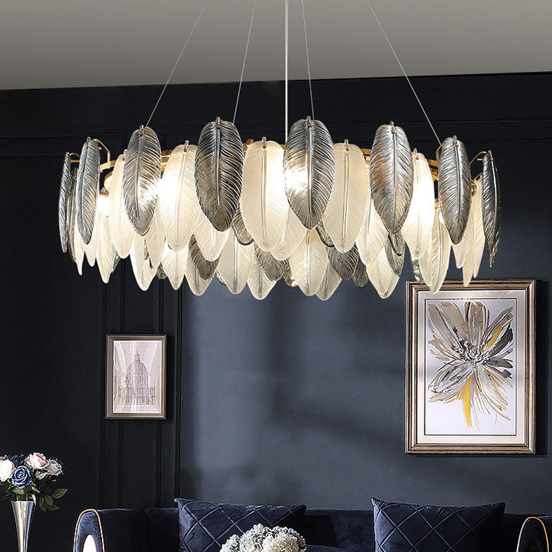 Modern Luxury Feather Round Iron Glass 4/5/6/8 Light Chandelier For Living Room