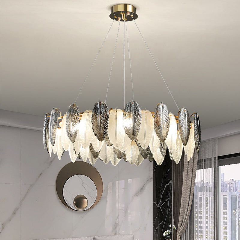 Modern Luxury Feather Round Iron Glass 4/5/6/8 Light Chandelier For Living Room