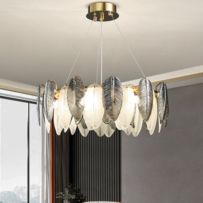 Modern Luxury Feather Round Iron Glass 4/5/6/8 Light Chandelier For Living Room