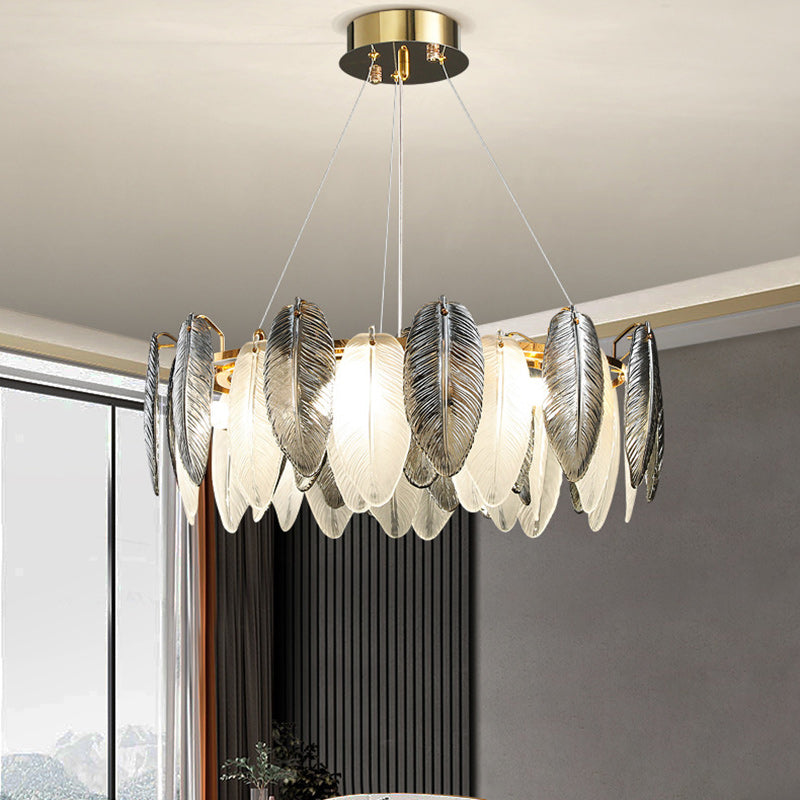 Modern Luxury Feather Round Iron Glass 4/5/6/8 Light Chandelier For Living Room
