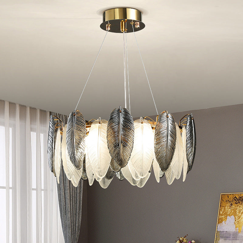 Modern Luxury Feather Round Iron Glass 4/5/6/8 Light Chandelier For Living Room