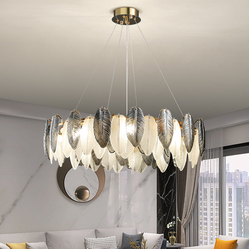 Modern Luxury Feather Round Iron Glass 4/5/6/8 Light Chandelier For Living Room