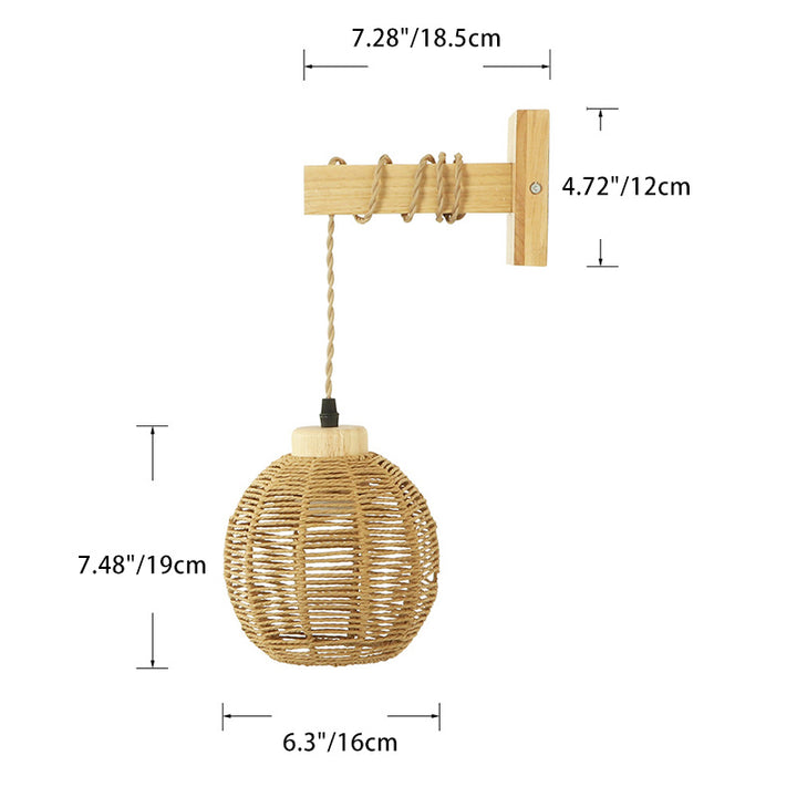 Lámpara Aplique de Pared de 1 Luz con Esfera de Linterna Japonesa Tradicional de Madera Maciza y Ratán para Dormitorio 