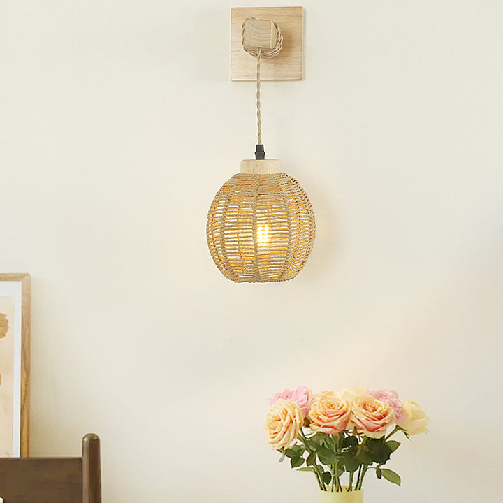 Lámpara Aplique de Pared de 1 Luz con Esfera de Linterna Japonesa Tradicional de Madera Maciza y Ratán para Dormitorio 