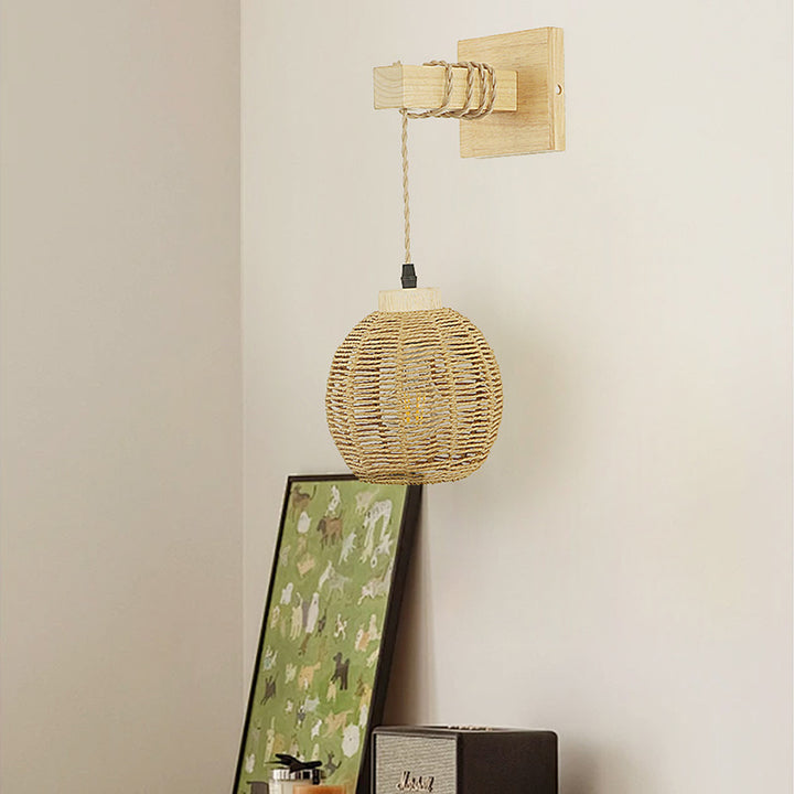 Lámpara Aplique de Pared de 1 Luz con Esfera de Linterna Japonesa Tradicional de Madera Maciza y Ratán para Dormitorio 