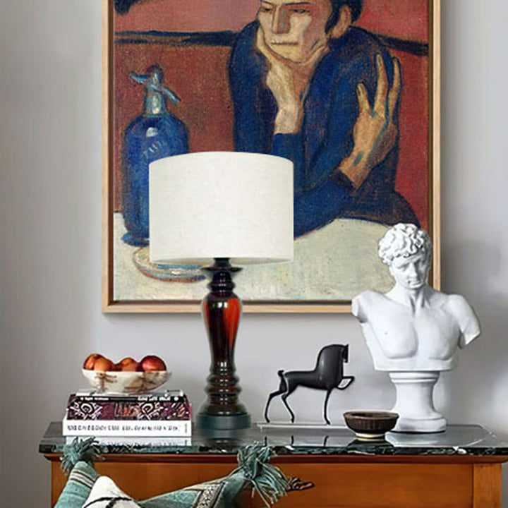 Lámpara de Mesa de 1 Luz de Cerámica Metálica de Tela Cilíndrica Vintage Tradicional para Dormitorio 