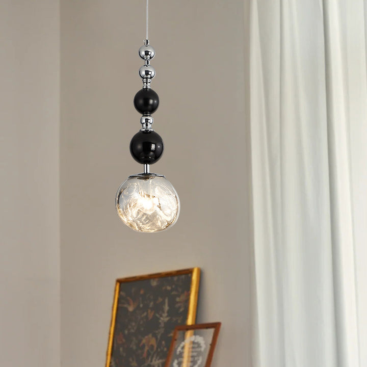 Suspension luminaire à 1 lumière en verre, bois, fer avec sphères longues traditionnelles françaises pour chambre 