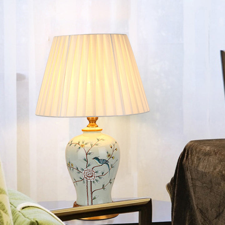 Traditional Chinese Frustum Cone Ceramic Fabric 1-Light Table Lamp For Bedroom