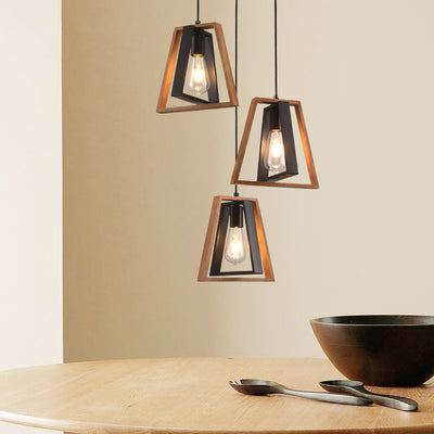 Chandelier contemporain industriel en bois massif et fer en forme de trapèze 1/3 lumière pour salon 