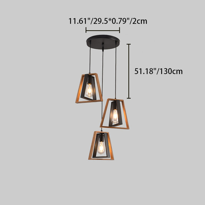 Chandelier contemporain industriel en bois massif et fer en forme de trapèze 1/3 lumière pour salon 