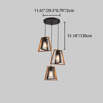 Chandelier contemporain industriel en bois massif et fer en forme de trapèze 1/3 lumière pour salon 