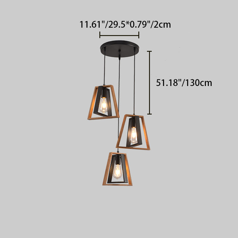 Chandelier contemporain industriel en bois massif et fer en forme de trapèze 1/3 lumière pour salon 