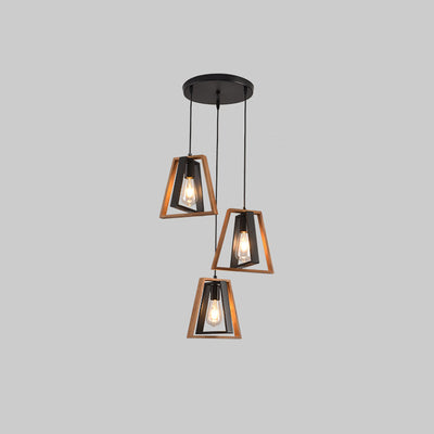 Chandelier contemporain industriel en bois massif et fer en forme de trapèze 1/3 lumière pour salon 