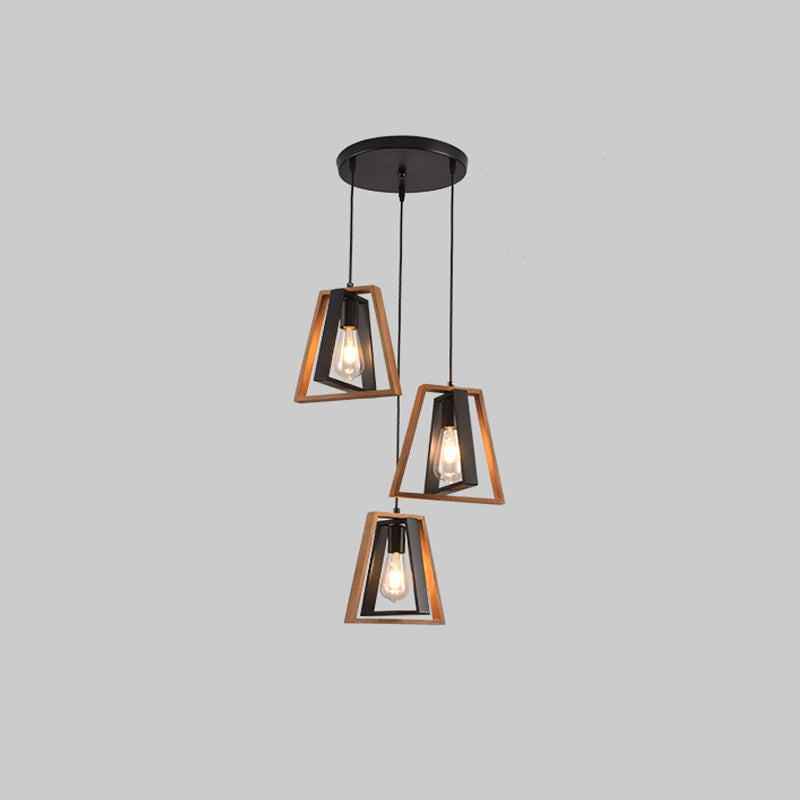 Chandelier contemporain industriel en bois massif et fer en forme de trapèze 1/3 lumière pour salon 