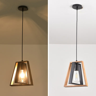 Chandelier contemporain industriel en bois massif et fer en forme de trapèze 1/3 lumière pour salon 