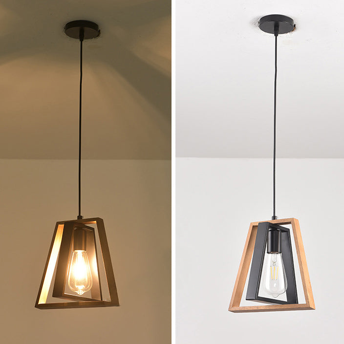Chandelier contemporain industriel en bois massif et fer en forme de trapèze 1/3 lumière pour salon 