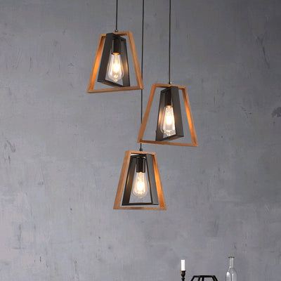 Chandelier contemporain industriel en bois massif et fer en forme de trapèze 1/3 lumière pour salon 